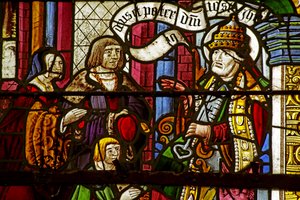 Raam met afbeelding van Sint-Petrus als paus die schenkers ontvangt door French School